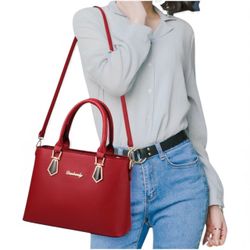 NWT AD Womens Handbags Leather Satchel Shoulder Bag Tote Red/Gold