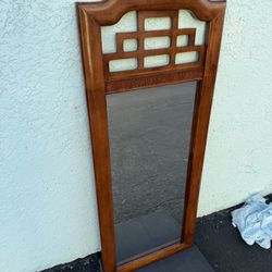 Vintage Chinese / Asian Style Wooden Wall Mirror – Carved Frame – Entryway Hallway Decor