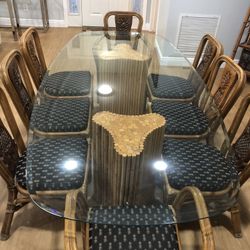 Tropical Bamboo Ratan Glass Dining Table With 8 Chairs