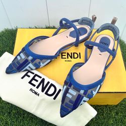 FENDI COLIBRI LITE BLUE MESH FLAT SLINGBACKS WITH FF MONOGRAM EMBROIDERY SZ 36.5