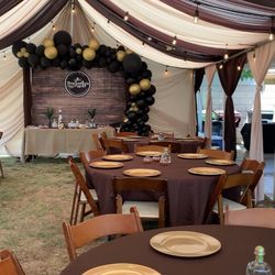 Draping——-tent——tables——-tablecloth———backdrops——-balloongarland———chairs———