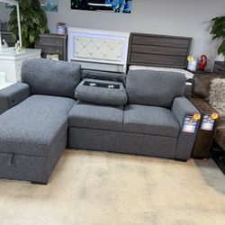 Pull Out Sleeper Sectional With Storage Drop Down Console USB Charging & Shelving Storage Lowest Price Guaranteed