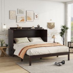 Siv Queen Size Wood Murphy Bed with Rattan Panel