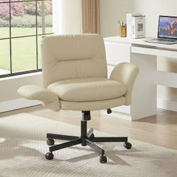 ❤️‍🔥 PU Leather Thick Cushioned Cross-Legged Office Chair in Beige with Adjustable Padded Arms, Mid Back Vanity Chair,Bedroom$90