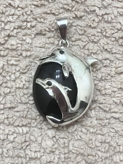 925 Silver Dolphins And Large Onyx Stone 