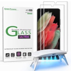 amFilm 3D Curved Screen Protector for Galaxy S21 Ultra 5G 6.8 Inch, Fully Compatible with UltraSonic Fingerprint Scanner, UV Gel Application, Tempered
