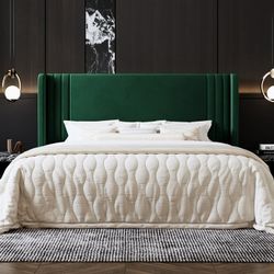 King Size Bed Frame, Velvet Platform Bed with Upholstered Wingback Headboard, No Box Spring Needed, Green