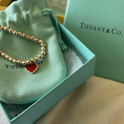 Tiffany & Co. Silver Beaded Bracelet with Red Heart Charm