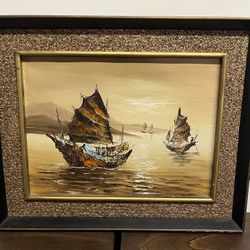 Mid-Century Vintage oil painting of Chinese junk boats 