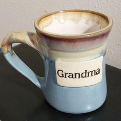 "Like New" Handmade Pottery Mug - Grandma - Blue Drip Glaze