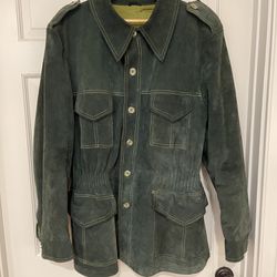 Dark Green Vintage Suede Leather Coat Jacket Size 46 ( XL )