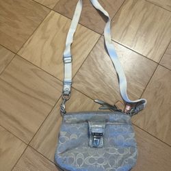 Coach Y2K Signature White CanvasSilver Leather Strap HOBO Shoulder Bag