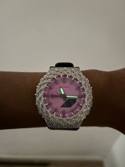 Pink Casio G-Shock Watch with Iced Out Bezel