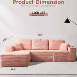 In box Verve 106 in. Wide Arm 2-Piece Modern Plush Corduroy Fabric L-Shape Modular Sectional Sofa