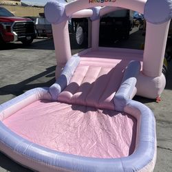 AKEYDIY Pastel Dream Bounce House for Kids 3-10, 161x82x63 inch Water Bounce House w/Slide,Ball Pit/Pool, Pink Bounce House UL Blower