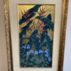 Balinese Gold Leaf Tropical Painting – Birds of Paradise – 40x26 Ornate Frame