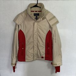 American Eagle Ski Jacket Women’s Medium Red White Y2K Vented Hood Full Zip Pockets Lined Padded 