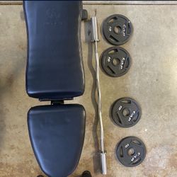 Adjustable Bench With Ez Curl Bar And Weights 