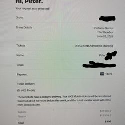2  Tickets $50 each to sold out Perfume Genius @ Showbox 6/26
