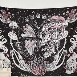 1pc Mushroom Skull Wall Art Decor Tapestry, Butterfly Flower Moon Pattern Tapestry, Wall Hanging For Living Room Bedroom Dorm Room, With Free Installa