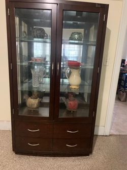 Modern Espresso Glass Display Cabinet / Curio Cabinet with Drawers
