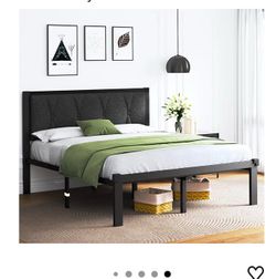 Full Size Metal Bed Frame with Fabric Button Tufted Headboard. Dark Grey