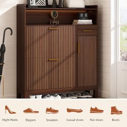 43-inch shoe cabinet storage with power outlet and LED light, with drawers and closed-door shoe storage
