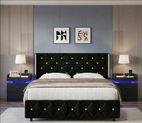 Set of 3 Queen Bed Frame Velvet with 2 nightstands LED. CHARGER STATION.