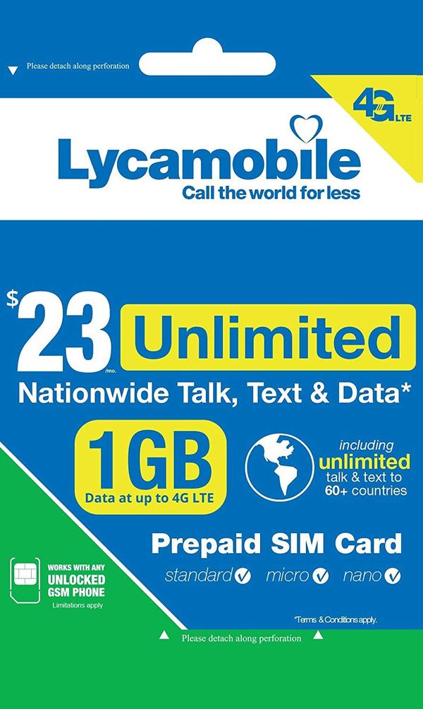 Lycamobile 23 Prepaid Plan 1st Included Preloaded Sim card is Triple