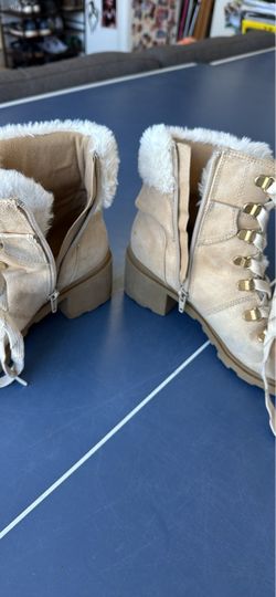 Beige Suede Lace-Up Boots with Faux Fur Trim