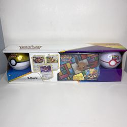 Pokemon Eevee Evolutions 3-Pack Treasure Chest Tin Promo Cards 2 Poke Balls NEW