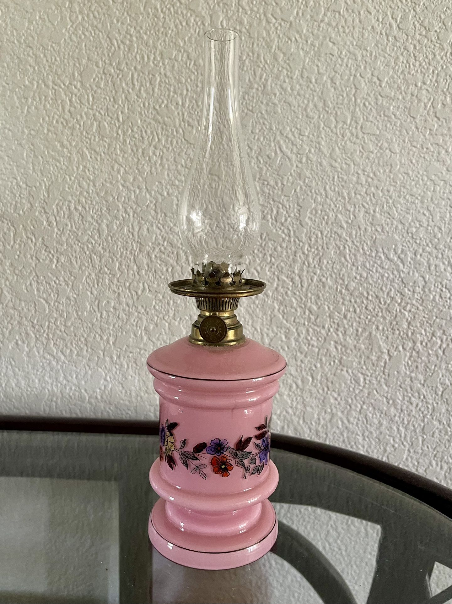 Rare Antique Pink Opaline Miniature Kerosene Oil Lamp Floral Flowers