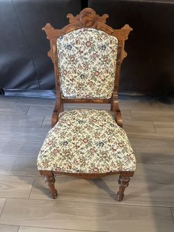 Victorian Eastlake-Style Parlor Chair - Hand-carved Wood & Floral Tapestry