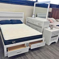 New ❤️ $10 Down Payment Finance ▪️Miranda White 4 Piece Queen Bedroom Set👉Bed with Drawers /Nightstand/Dresser/Mirror