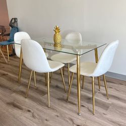 White Gold Modern Velvet Glass Dining Set