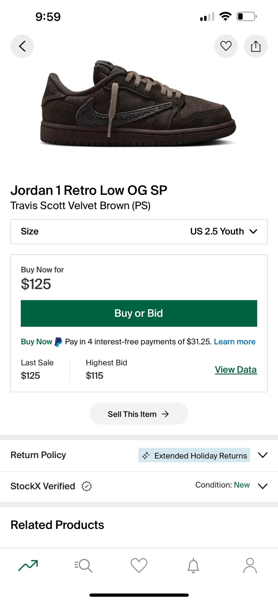 Air Jordan 1 Travis Velvet Brown PS 2.5y