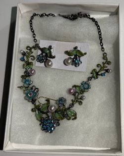 Authentic Signed "You and I" Whimsical Blue Enamel Hydrangea Flower & Pearl Necklace & Earrings Set