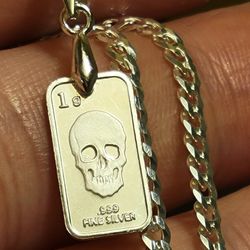 .999 Fine Silver Stamped Skull Pendant/Charm Only  925 Silver Bail
