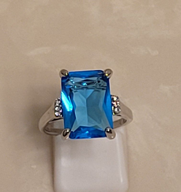 Silver CZ and Ocean Blue Ring Size 7