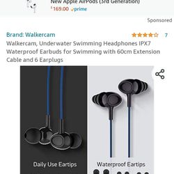 Walkercam, Underwater Swimming Headphones IPX7 Waterproof Earbuds for Swimming with 60cm Extension Cable and 6 Earplugs

New. Sealed box. 
