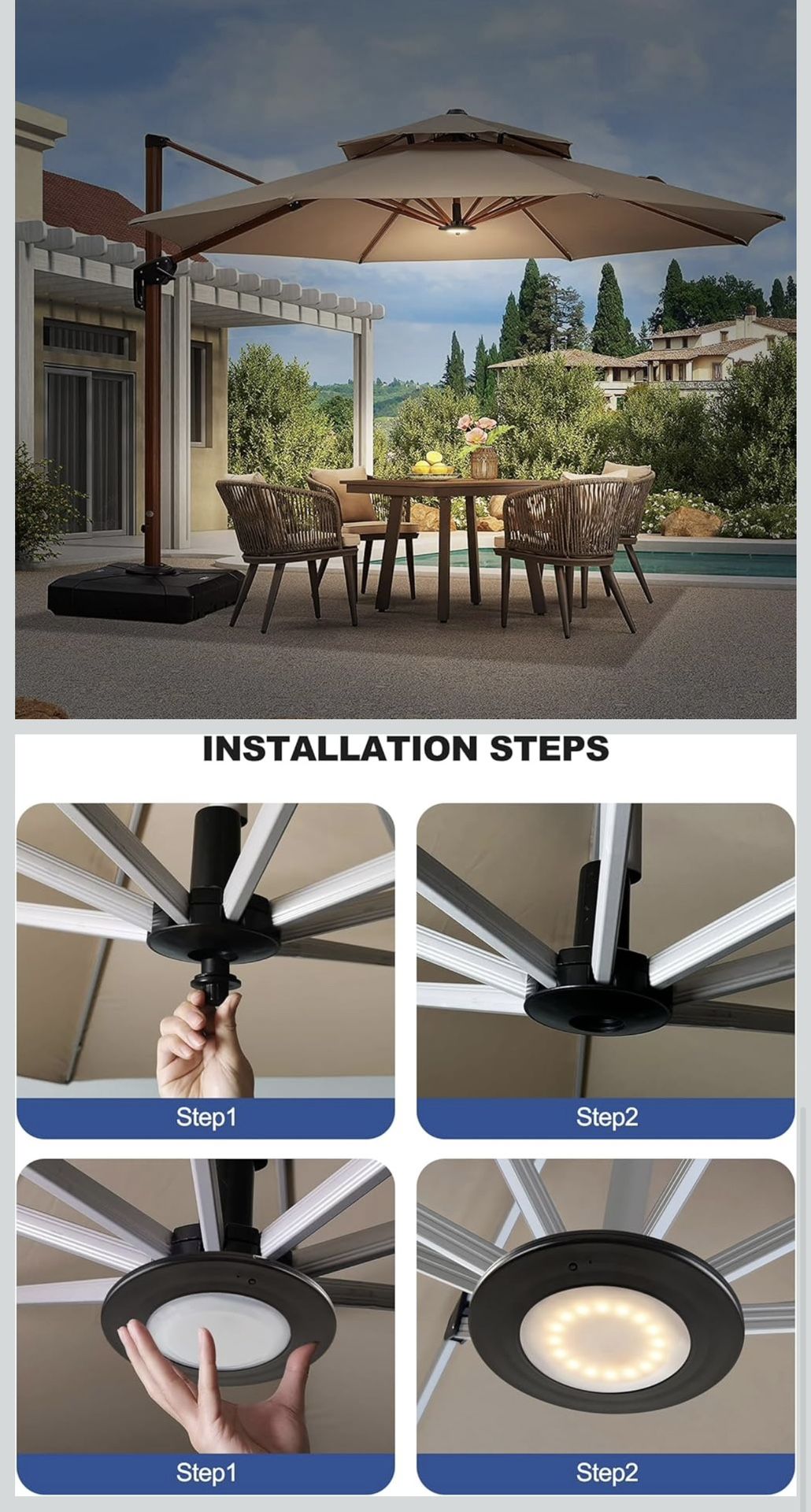 Black LED Patio Umbrella Lights with Remote, Portable Rechargeable Battery Cantilever Umbrella Light with 12 Color Mode, 3 Brightness Dimmable for Pat