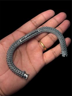 925 Sterling Silver Braided Bracelet with Black Stones – 10.5 mm – 8.2”