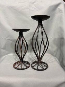 Set of 2 Wrought Iron Pillar Candle Holders Spiral Look 11" and 8.5"
