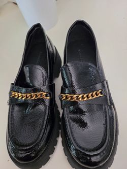 Black Patent Leather Loafers with Gold Chain