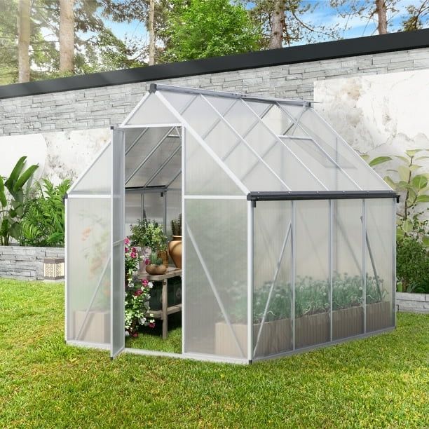 6x8FT Polycarbonate Greenhouse, Outdoor Walk-in Green House with Vent Window, Hinged Door