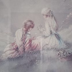 Vintage Andres Orpinas Print Little Girls Under Blossom Tree In Wood Frame Covered With Glass