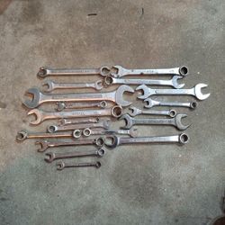 TOOLS, WRENCHES 19PC LOT.  COMBINATION, DOUBLE OPEN. ALL DIFFERENT NAMES FROM 1" TO 1/4"