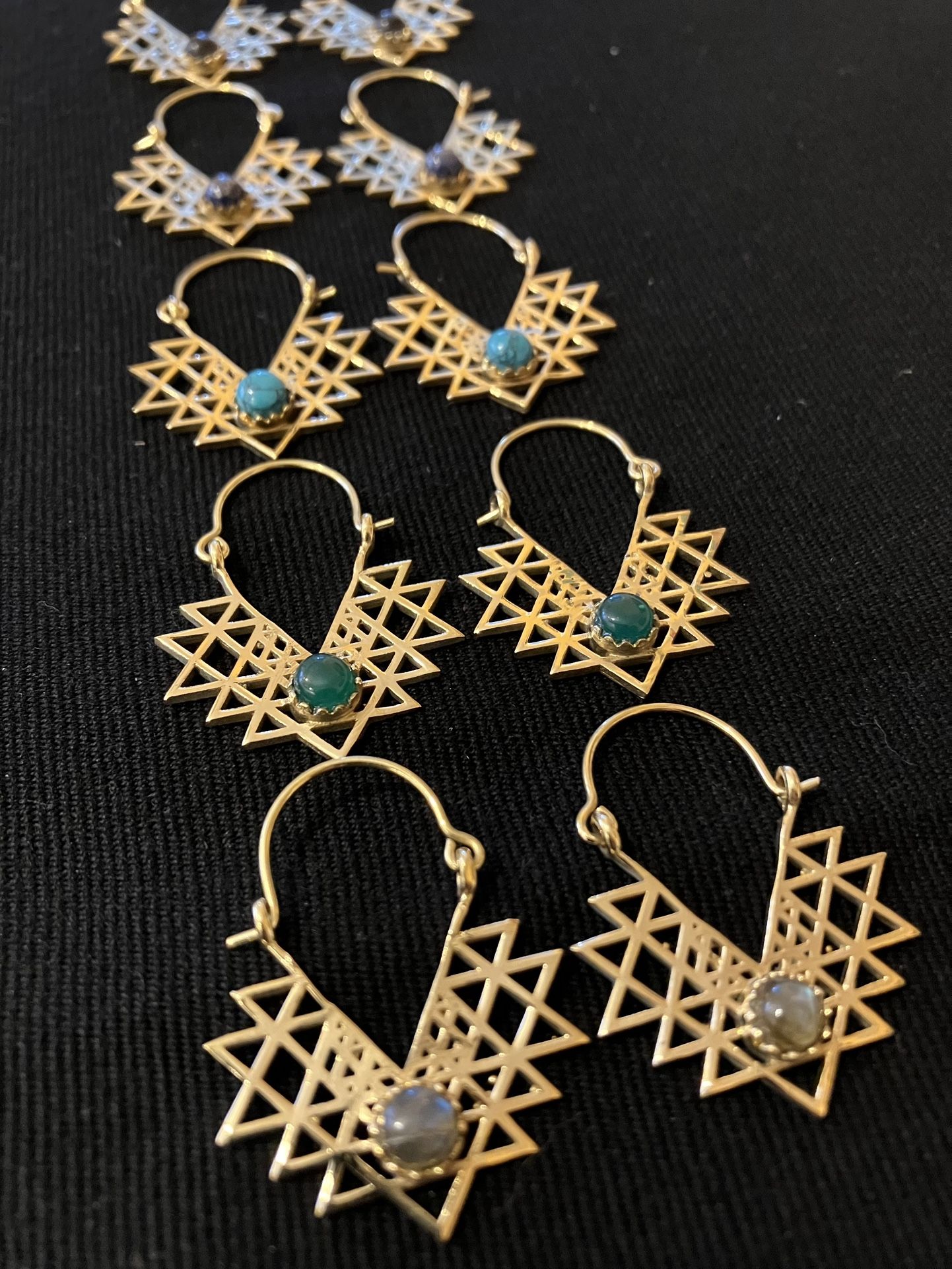 Sacred Sri Yantra Earrings w/gemstone~ Brass (gold color)
