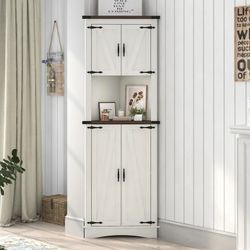 Farmhouse 68" Tall Corner Cabinet w/4 Barn Doors, 5 Tier Bookcase Storage Cabinet with Adjustable Shelves, Corner Storage Cabinet for Bathroom,Living 
