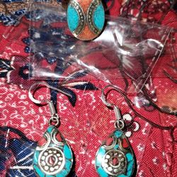 Tibetan Silver 925 Set Coral+Turquoise Inset